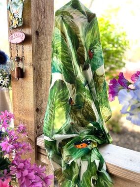 Vintage Ladybug & Green Nature Print Soft Frayed Hems Oblong Scarf or Wrap